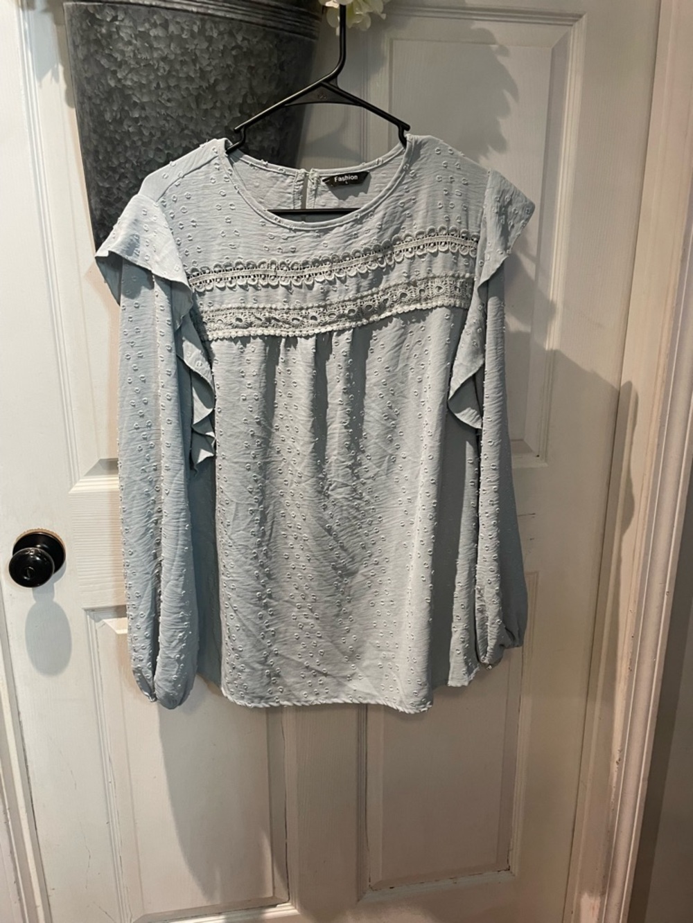 Buckle Light Blue Eyelet Ruffle Yoke Top